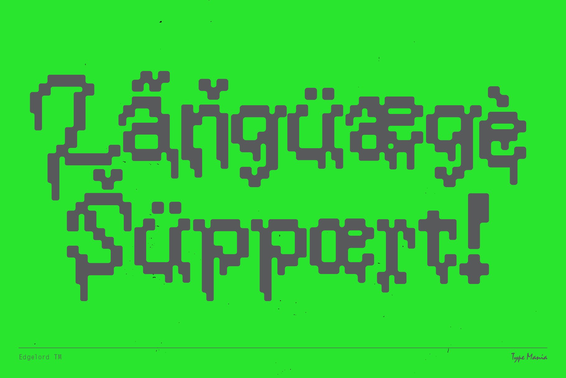 Grunge pixelated font design with language support on a vibrant green background ideal for graphic designers looking for unique typography.