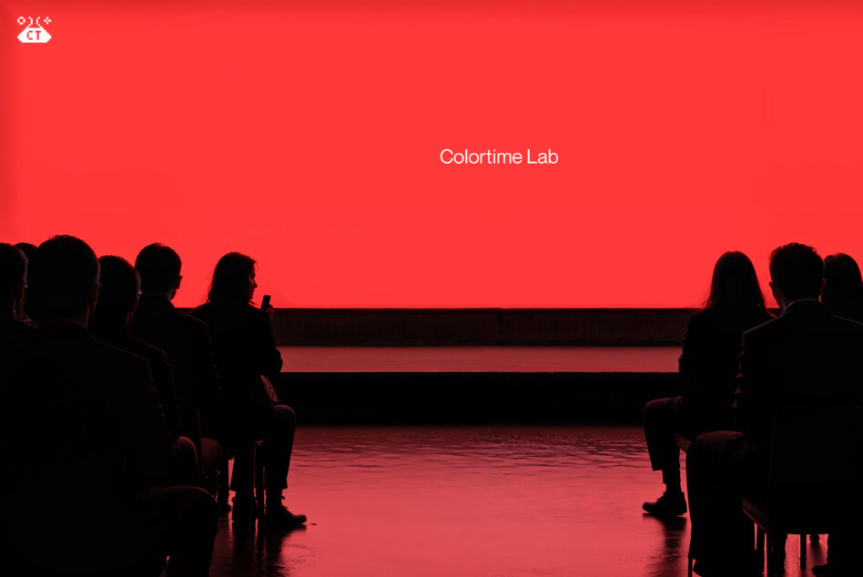 Audience silhouetted against a vibrant red screen labeled Colortime Lab perfect for digital presentations conferences or creative graphic design templates