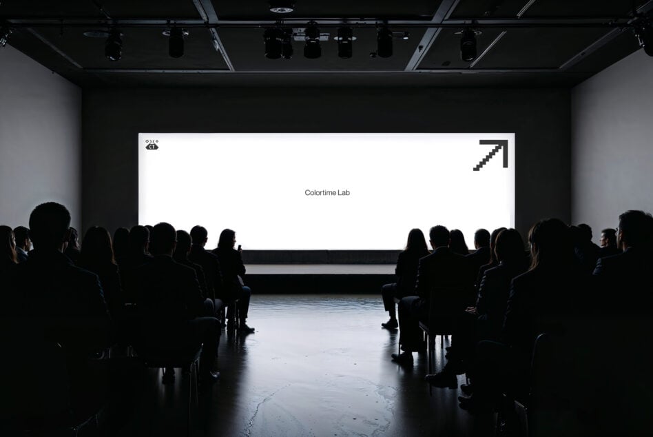 Audience watching a presentation in a dark room with a large glowing screen displaying Colortime Lab perfect for designers seeking inspiration mockup template