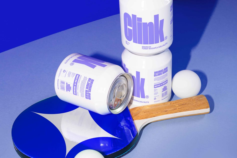 Modern beverage can mockups featuring minimalist design with bold typography. Includes ping pong paddle and ball. Perfect for designers seeking packaging inspiration.