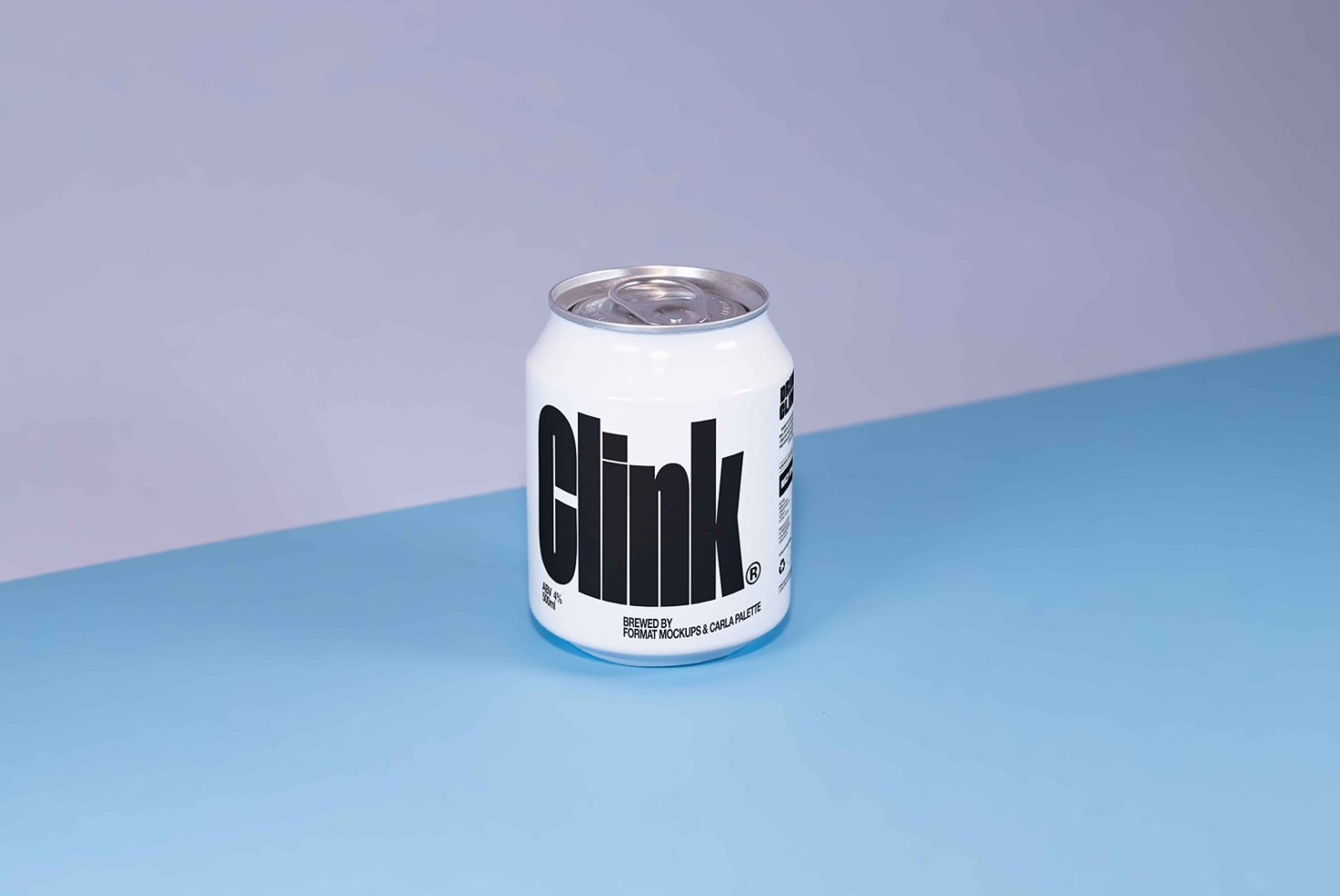 Mockup of a white beverage can with bold black typography on a blue surface background. Ideal for branding, packaging design, and product presentation.