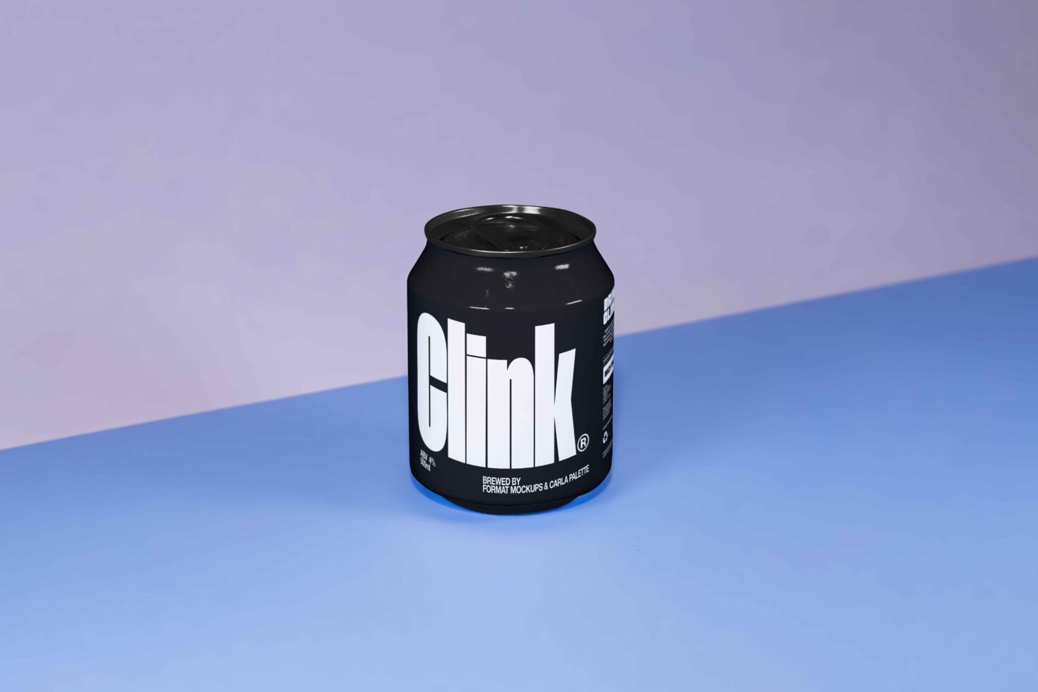 Black soda can mockup with bold white text Clink on blue surface and purple background ideal for branding and product design templates