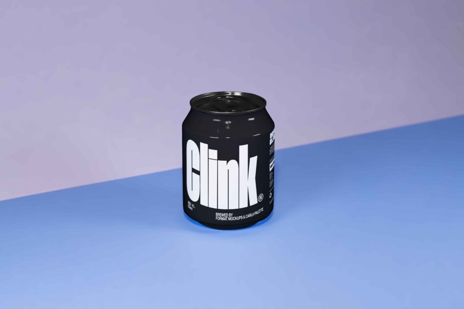 Black can with white Olink logo on soft blue gradient background