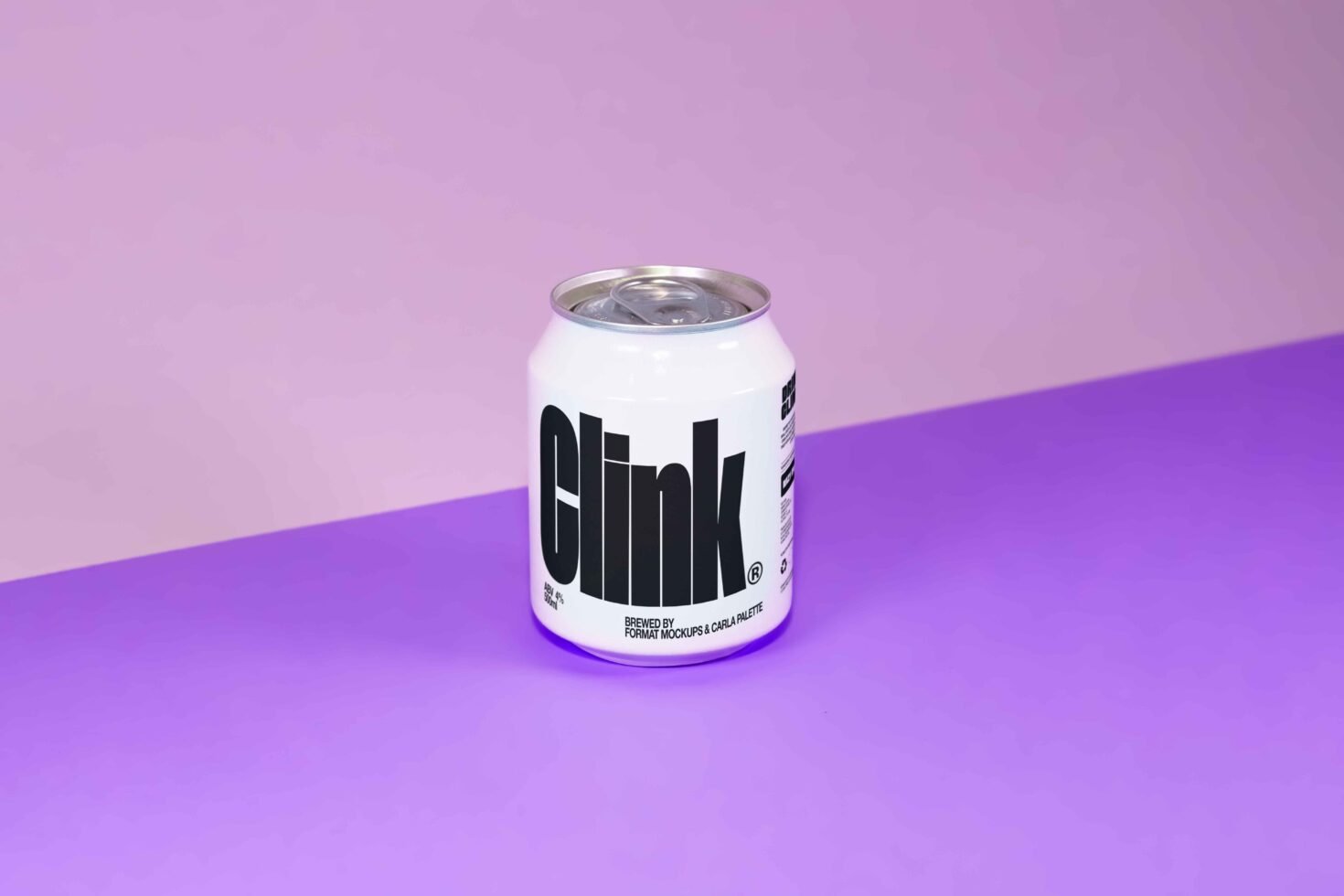 Modern beverage can mockup on gradient purple background for drink packaging design. Ideal for product presentations and designer graphics assets.