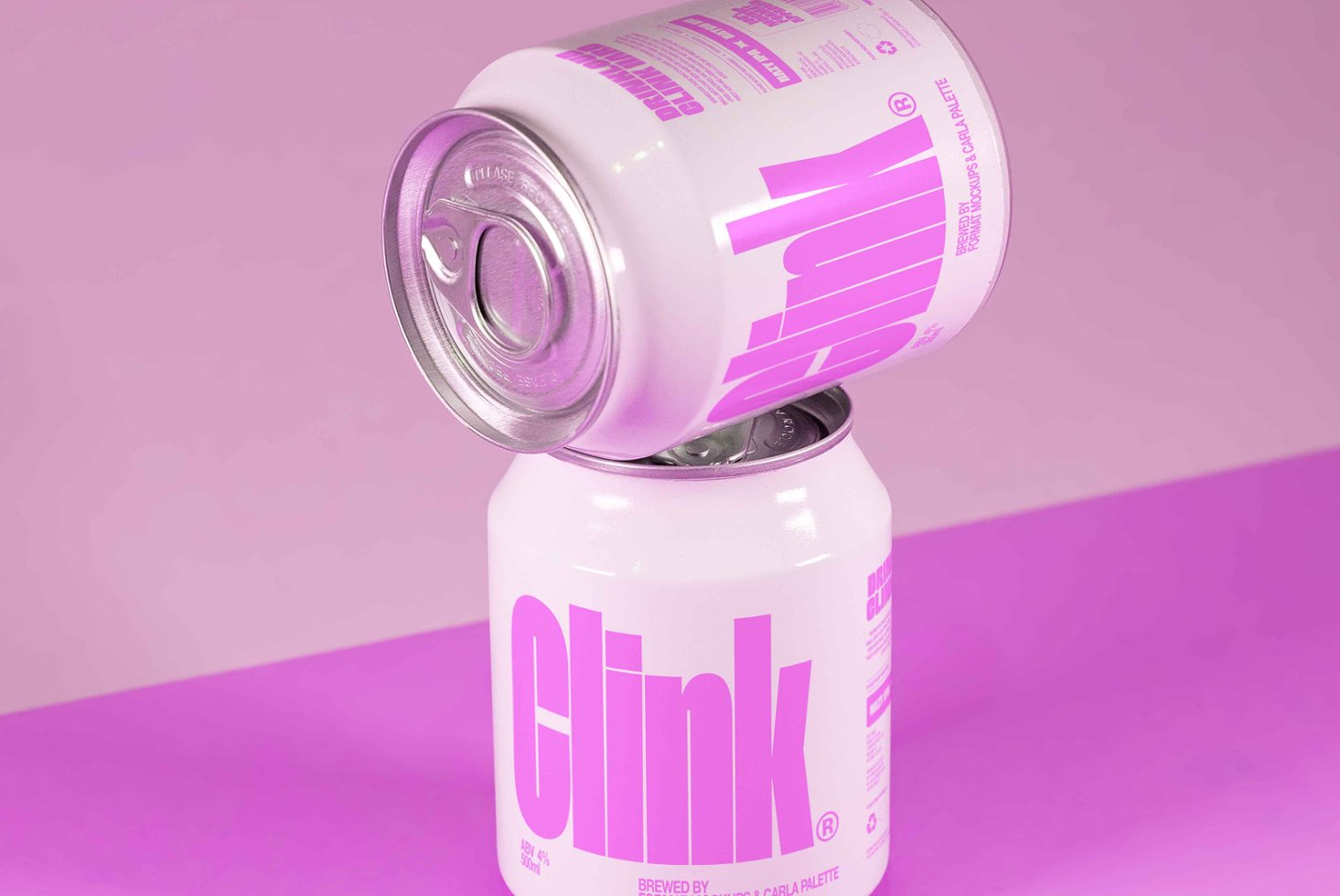 Stack of two pink soda cans with bold typography design on purple background ideal for product mockups digital asset for designers and branding projects