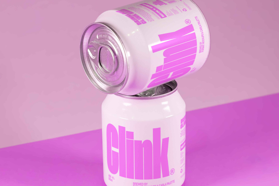 Stack of two pink soda cans with bold typography design on purple background ideal for product mockups digital asset for designers and branding projects
