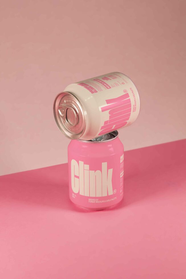 Pink can mockup with bold typography on pastel pink backdrop ideal for designers creating packaging mockups or product presentations.