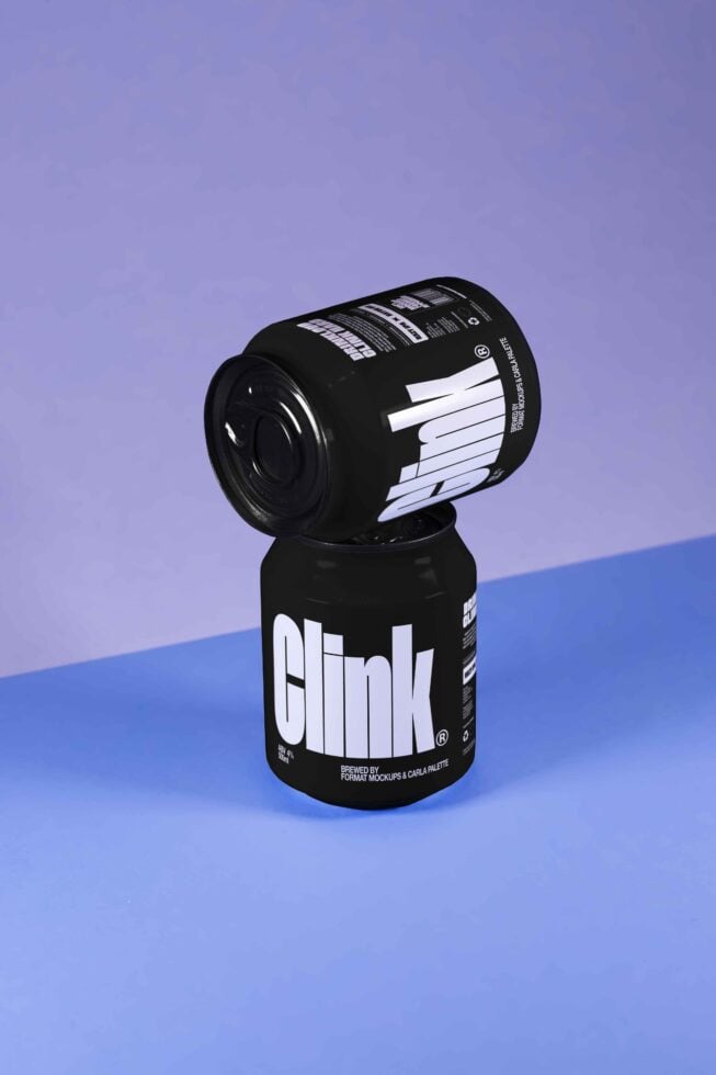 Two stacked black soda cans with bold white text Clink on a blue background ideal for product mockup designers digital assets design templates