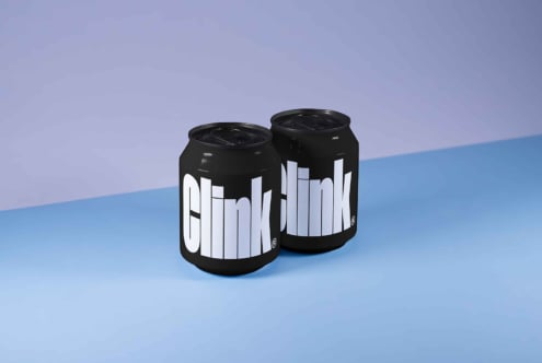 Two sleek black soda cans with bold white typography Clink isolated on a gradient background perfect for branding mockups marketing design assets