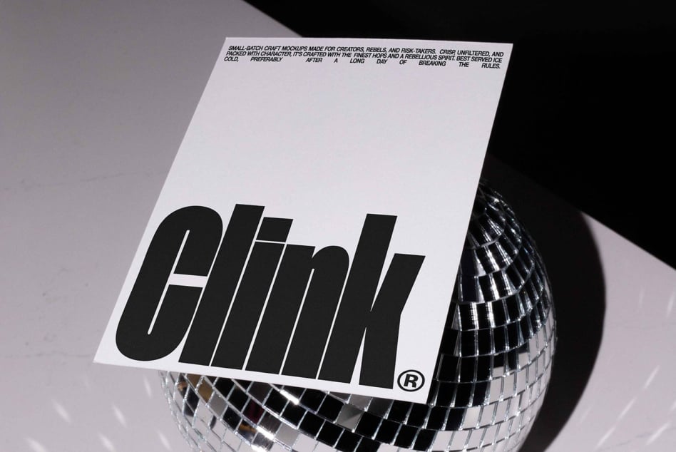 Minimalist mockup design featuring bold typography on a modern white card, placed against a reflective disco ball perfect for graphic designers.