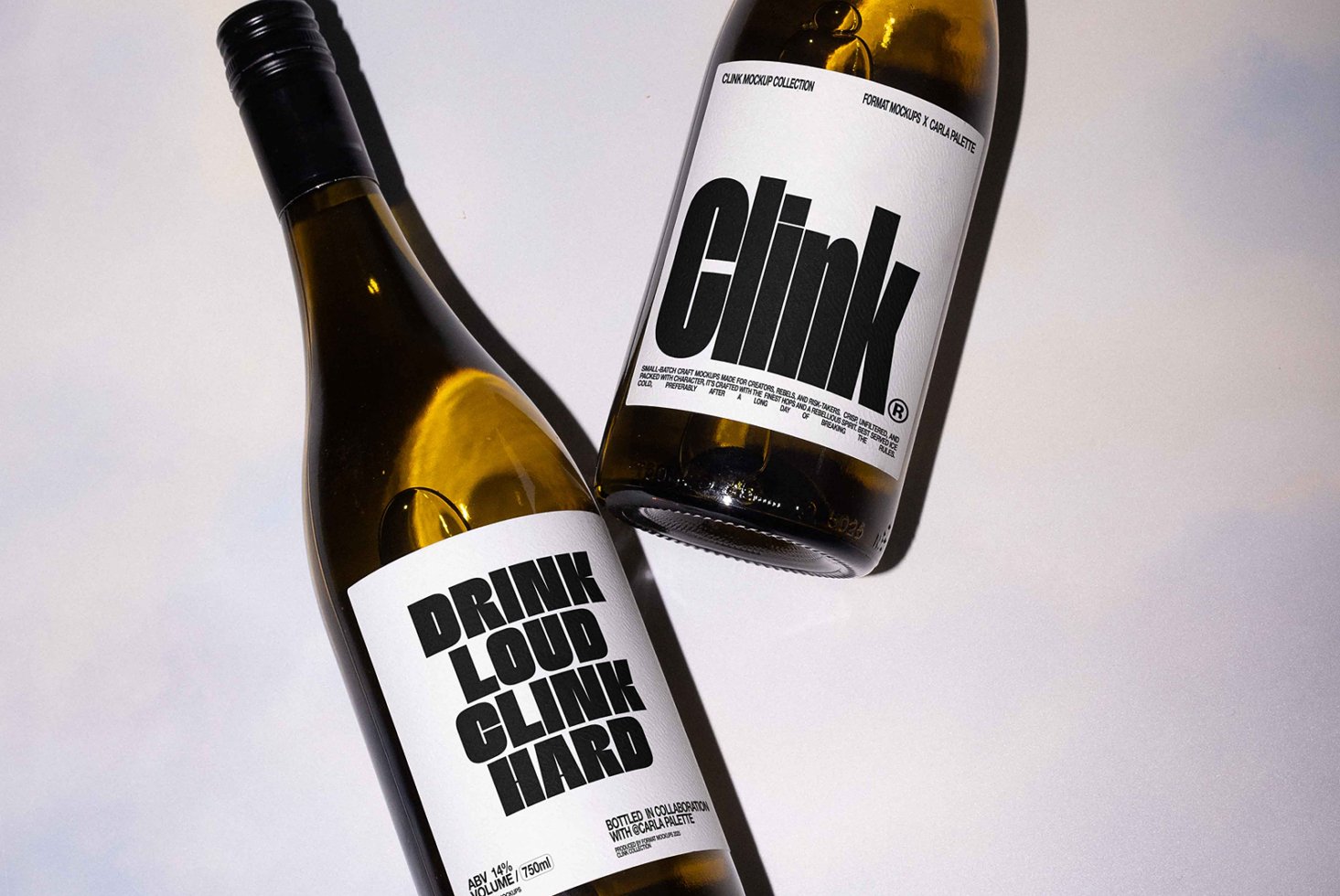 Wine bottle mockup featuring bold black typography on white labels. Ideal for designers seeking realistic product presentation and label design inspiration.