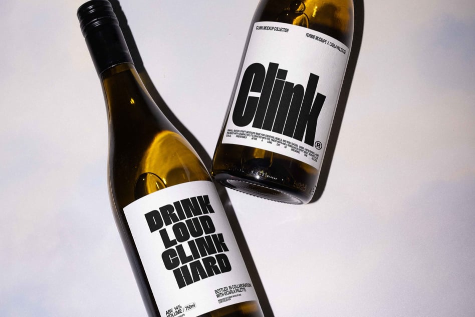 White wine bottle with bold black label on light neutral surface
