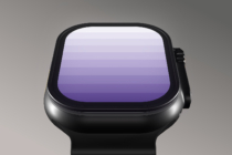Smartwatch mockup with gradient screen, sleek black design, ideal for digital assets, UI design templates, graphic projects, tech presentations.