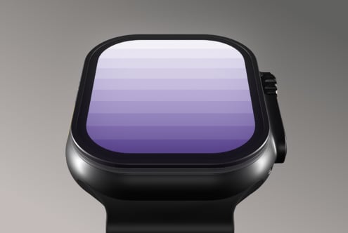 Smartwatch mockup with gradient screen, sleek black design, ideal for digital assets, UI design templates, graphic projects, tech presentations.