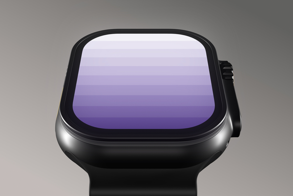 Square smartwatch with black frame, purple gradient screen, straight-on product shot
