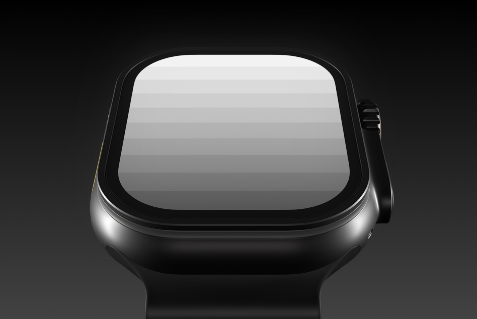 Square smartwatch mockup with black case, blank white display, front-facing view