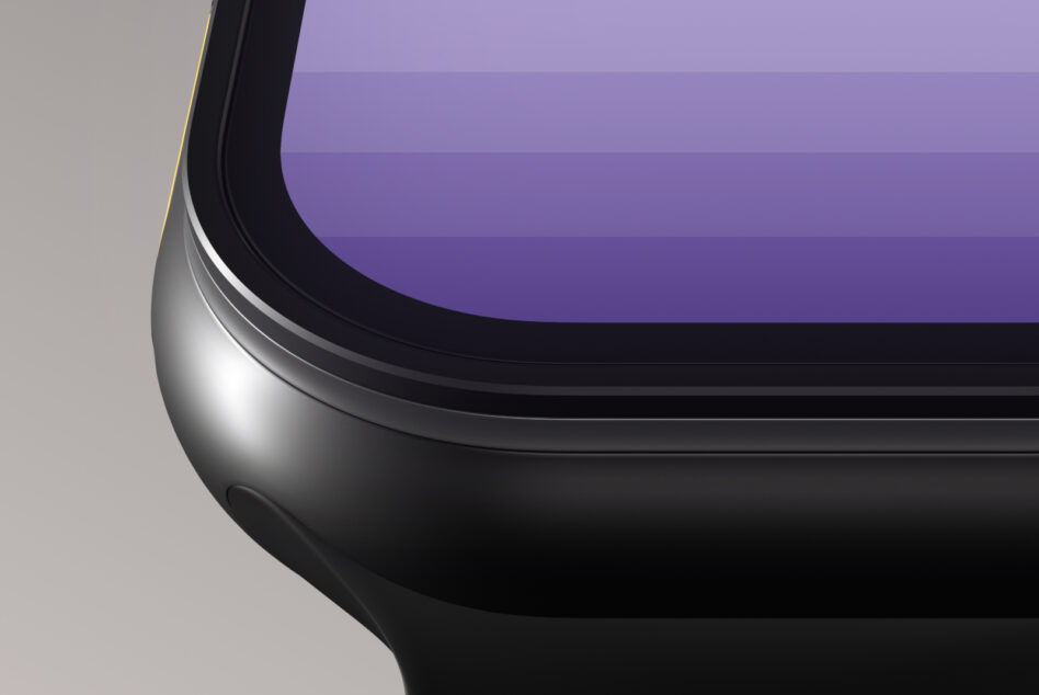 Sleek smartwatch with curved black frame, purple gradient display visible from side angle