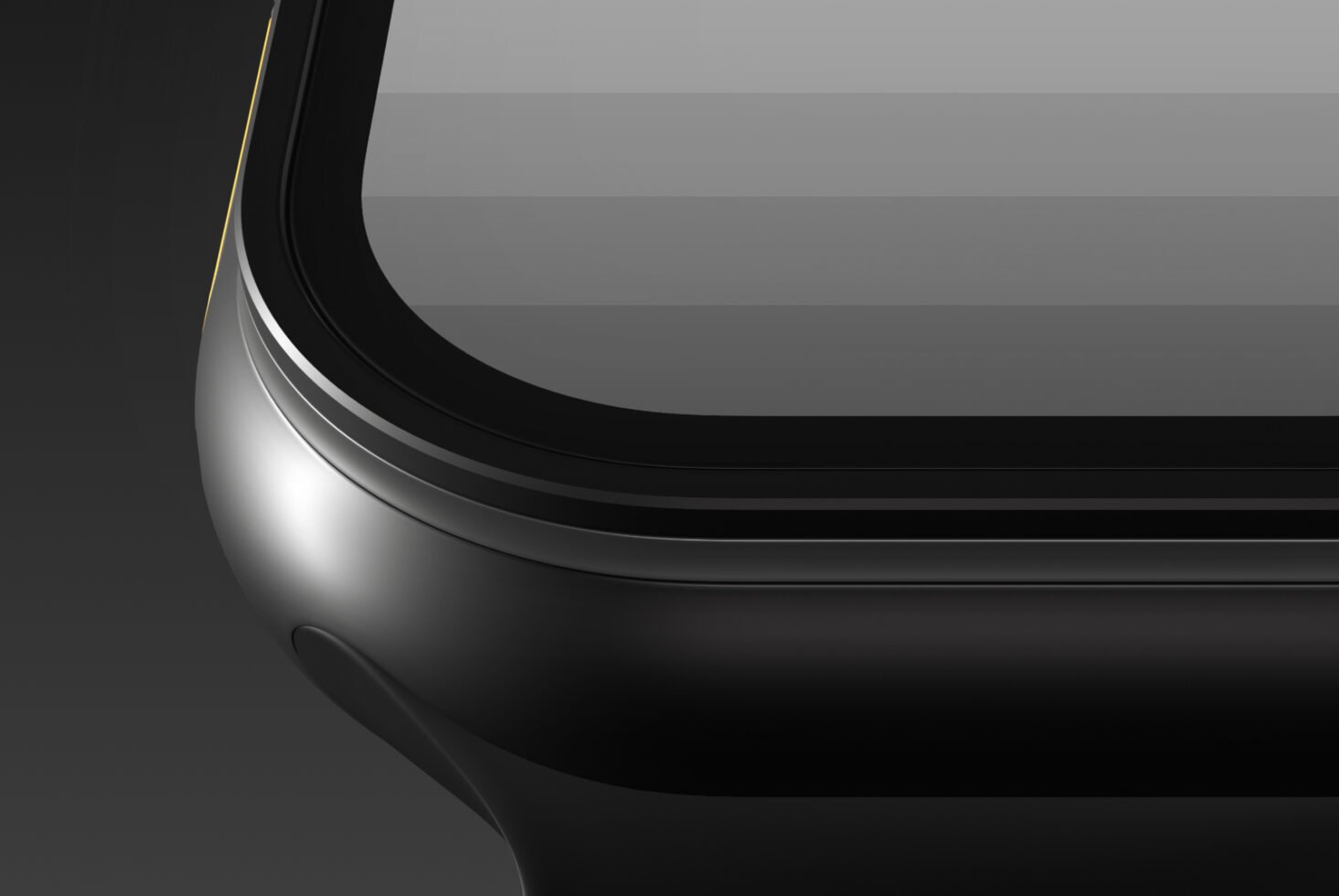 Close-up of sleek modern digital device screen with curved edges. High-resolution mockup for designers showcasing sleek technology in black and gray tones.