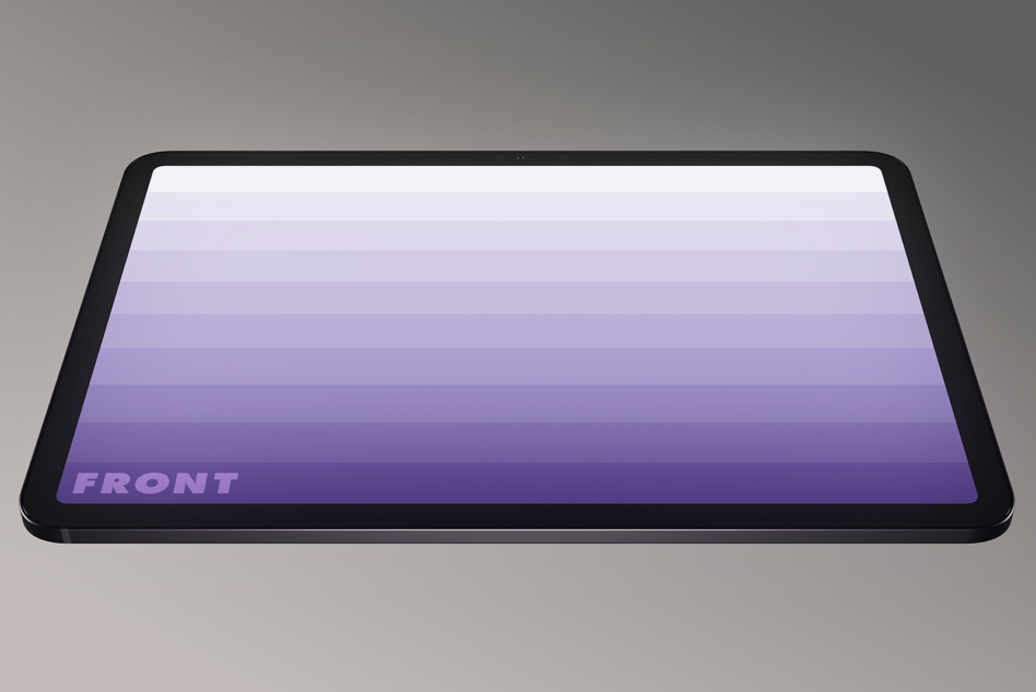 Black tablet mockup with lavender to purple gradient screen labeled FRONT