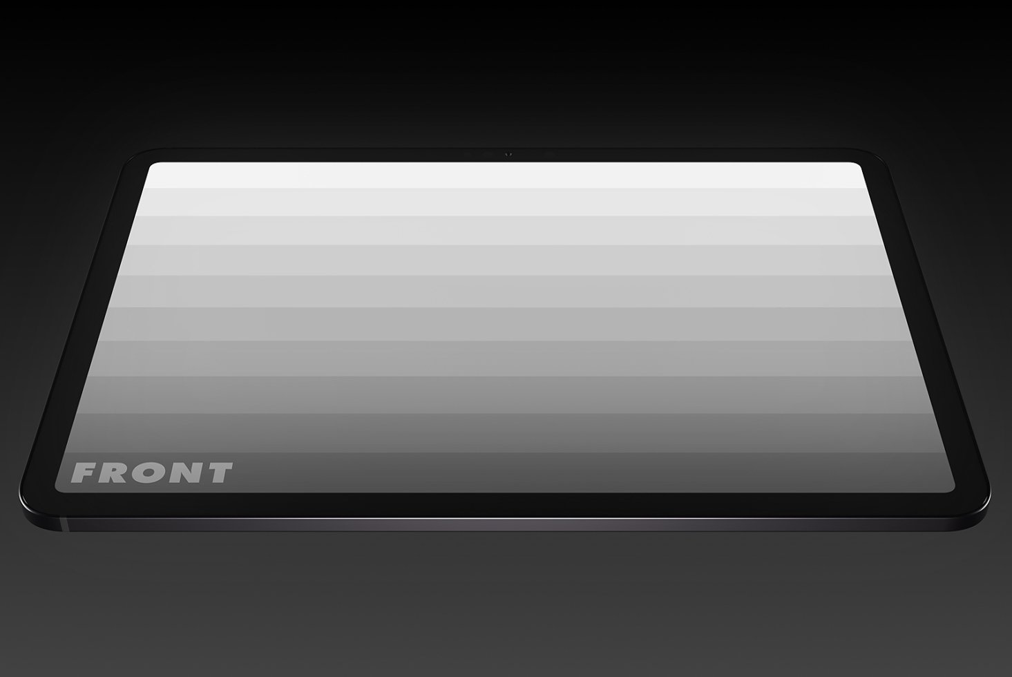 Digital tablet mockup with glossy screen surface on a dark gradient background. Ideal for showcasing UI designs. Keywords: tablet, mockup, design assets.