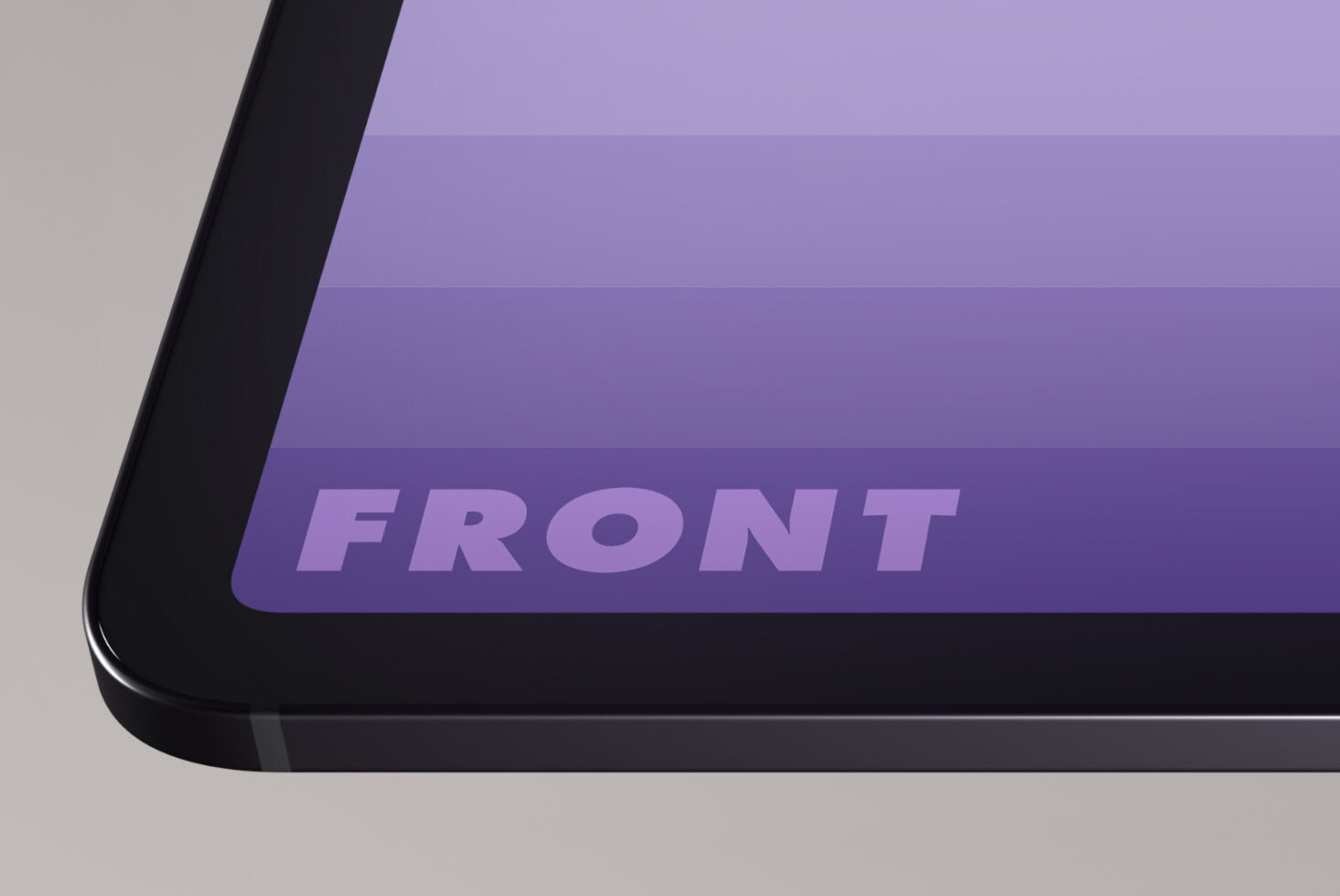 Close-up of purple gradient screen mockup with black frame and text Front, ideal for digital assets, design templates, UI/UX projects, web design.