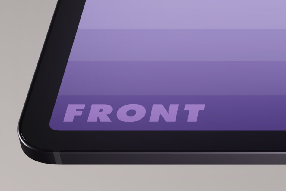 Black tablet device with purple gradient screen labeled FRONT angled view