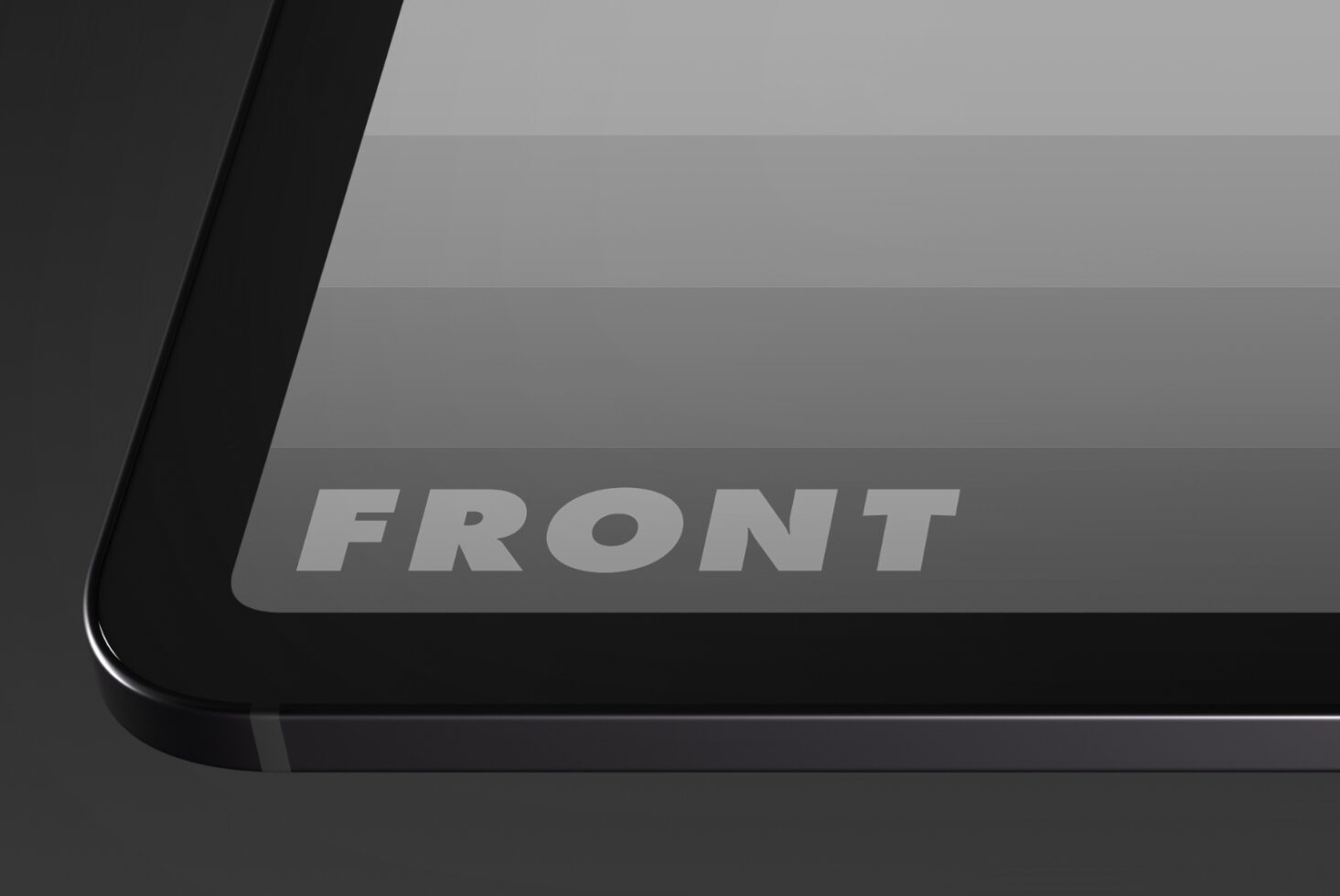 Edge of a digital tablet with the word Front in bold font. Ideal for mockup designs, templates, digital asset presentation for designers.