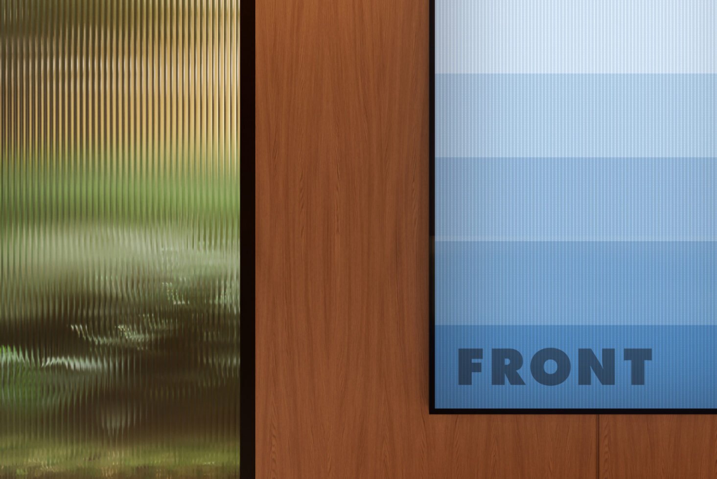 Glass and wood wall texture mockup featuring vertical glass panel and brown wooden surface next to a blue gradient mockup template with text FRONT.