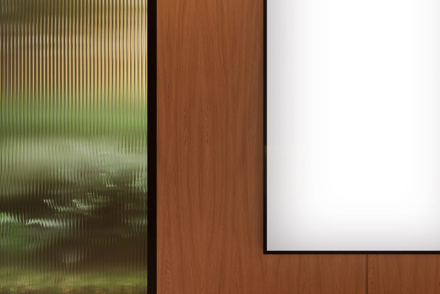 Wooden wall with frosted glass panel beside a blank canvas on the right perfect for mockup design and digital asset creation for designers.