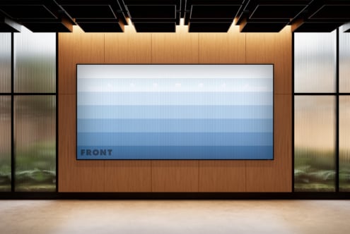 Wooden wall with large digital screen mockup featuring blue gradient design in modern interior; ideal for showcasing graphics or template presentations.
