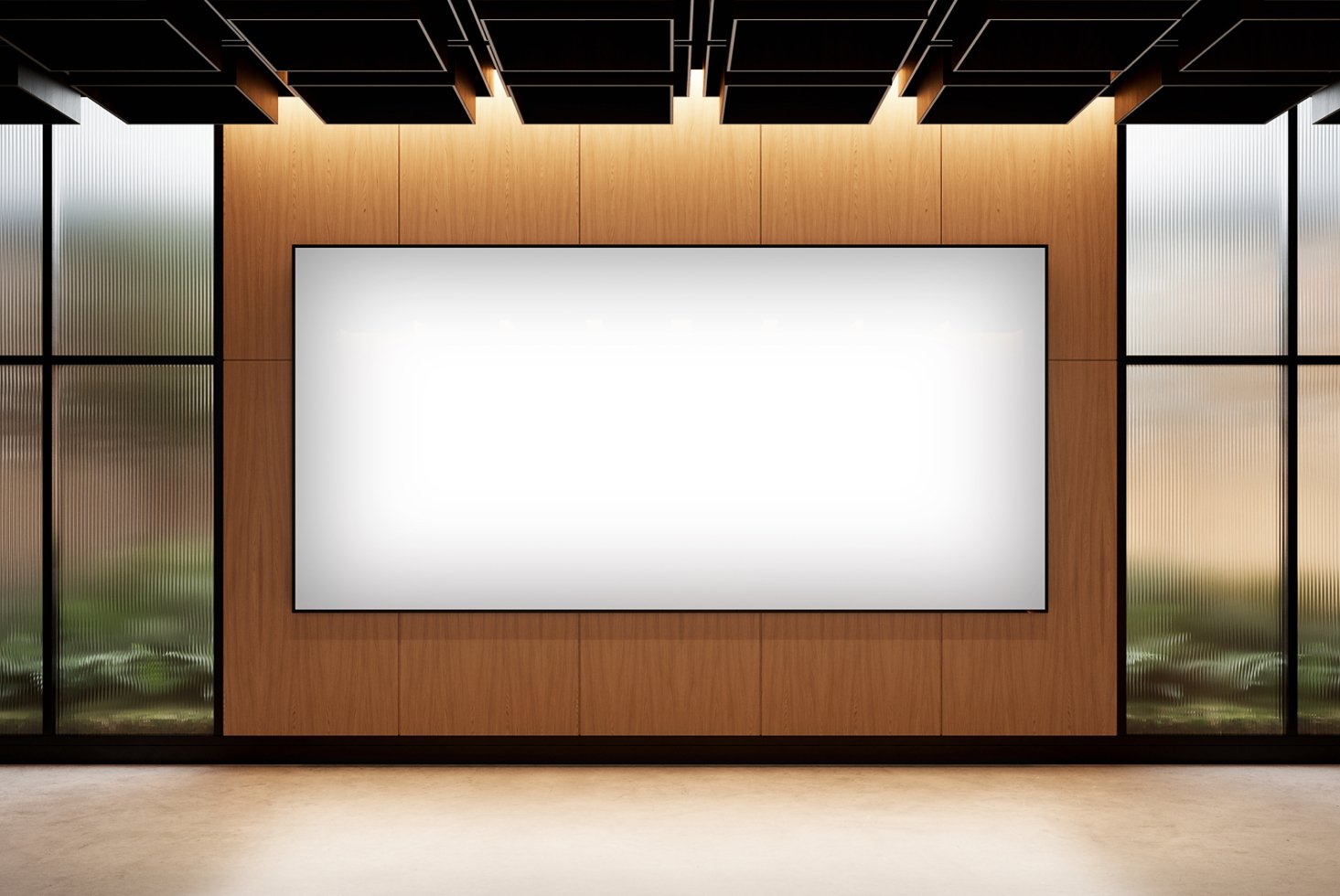 Modern office conference room with wood paneling and large digital whiteboard, ideal for template mockup presentations and interior design visuals.