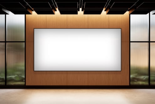 Modern office conference room with wood paneling and large digital whiteboard, ideal for template mockup presentations and interior design visuals.