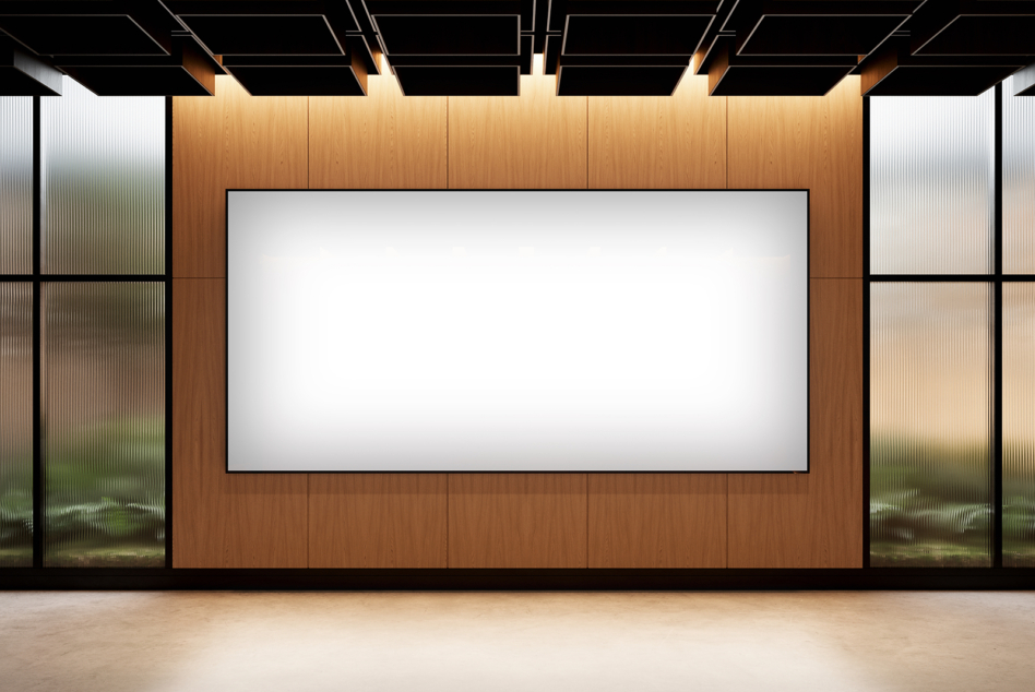 Modern office conference room with wood paneling and large digital whiteboard, ideal for template mockup presentations and interior design visuals.