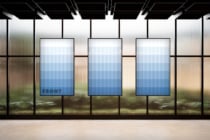 Gallery interior with three vertical poster frames displaying blue gradient designs