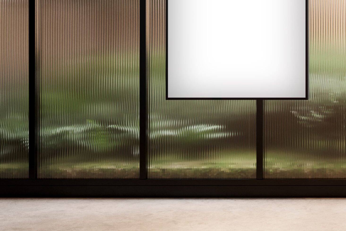 Framed poster mockup on ribbed glass wall with soft outdoor light Designers digital assets marketplace Templates Graphics minimalism modern interior