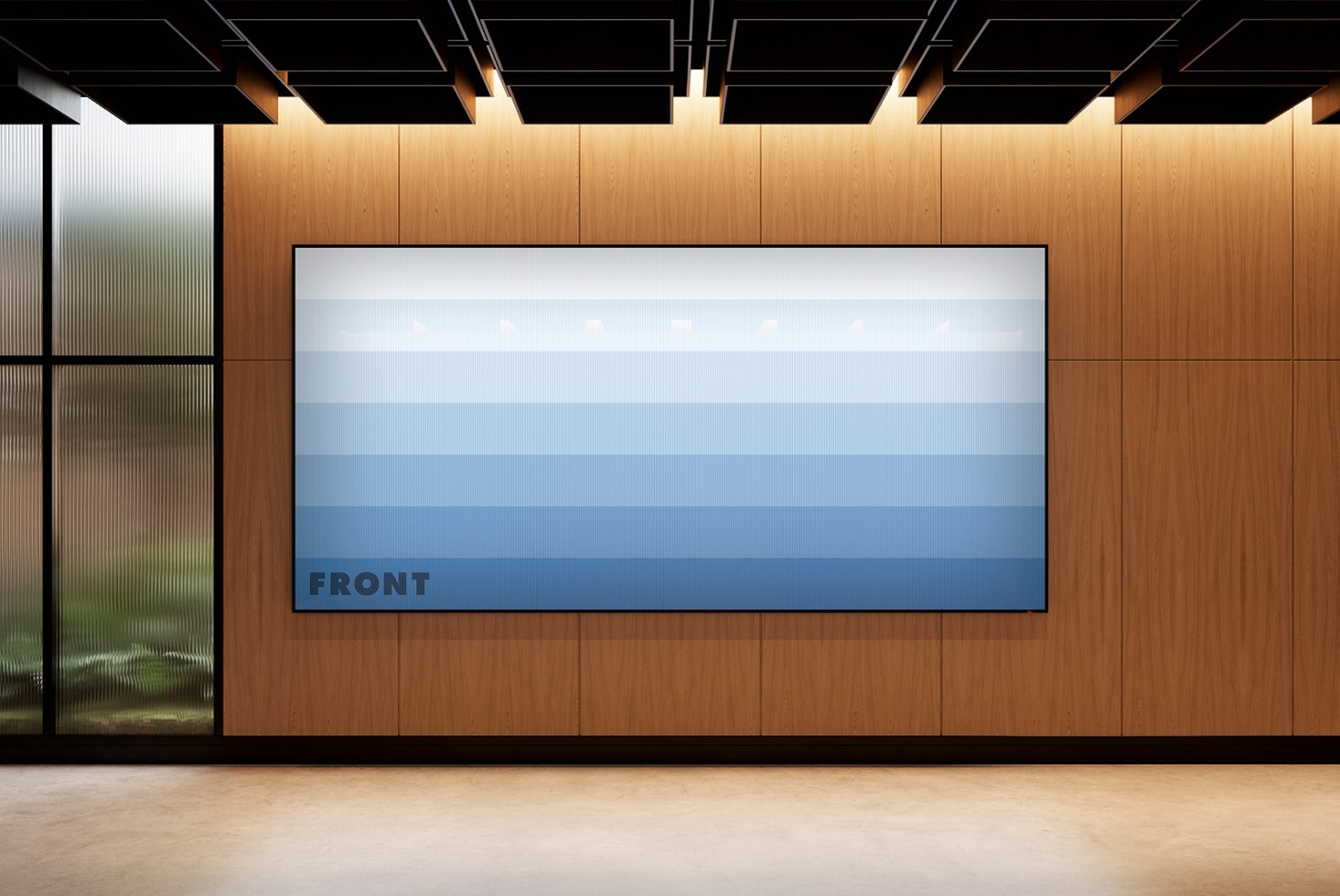 Blue gradient canvas mockup displayed on a wooden wall in modern interior. Ideal for showcasing design templates or graphics in visual presentations.