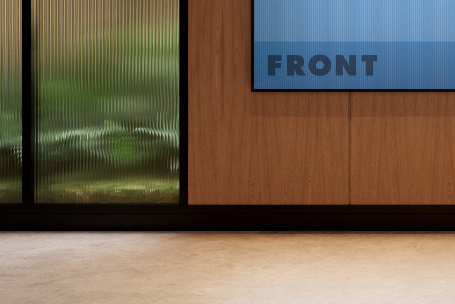 Modern interior with frosted glass panel and wood wall. Ideal for mockup displays and templates. Keywords: mockup interior design templates wood.