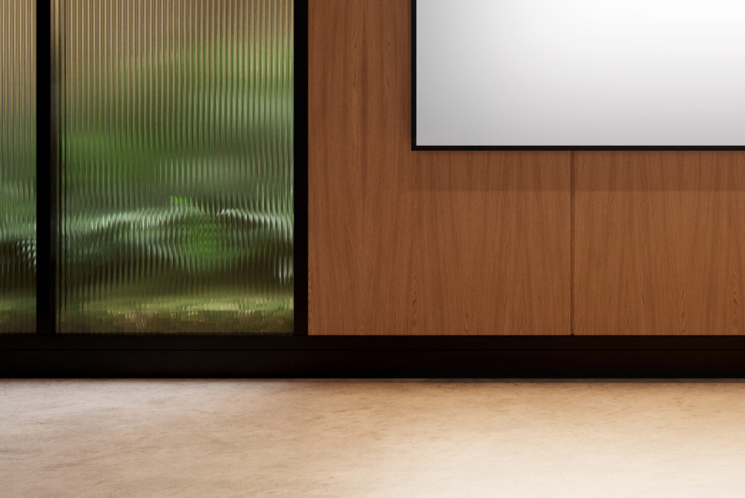 Wooden interior scene with frosted glass panel suitable for mockups and design templates backdrop for designers and interior visualizations SEO graphics