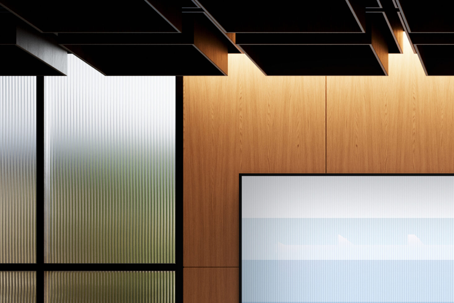 Modern interior design mockup with wood paneling and frosted glass, ideal for architectural templates or graphic design projects. Minimalist aesthetic.