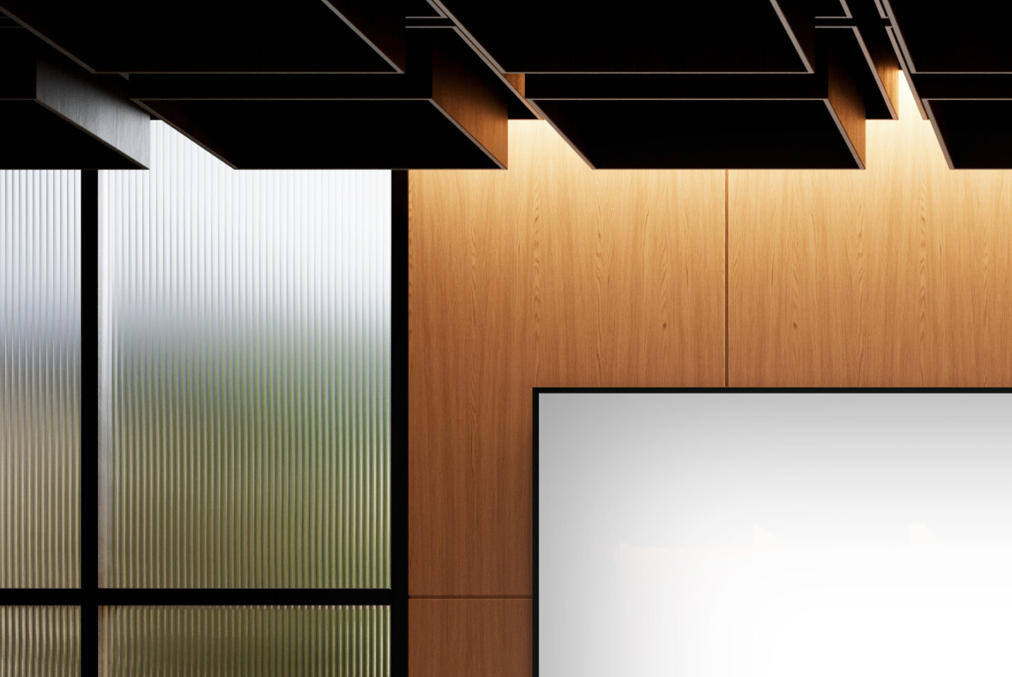 Modern interior mockup featuring wooden paneling and frosted glass suitable for architectural design projects and creative templates.