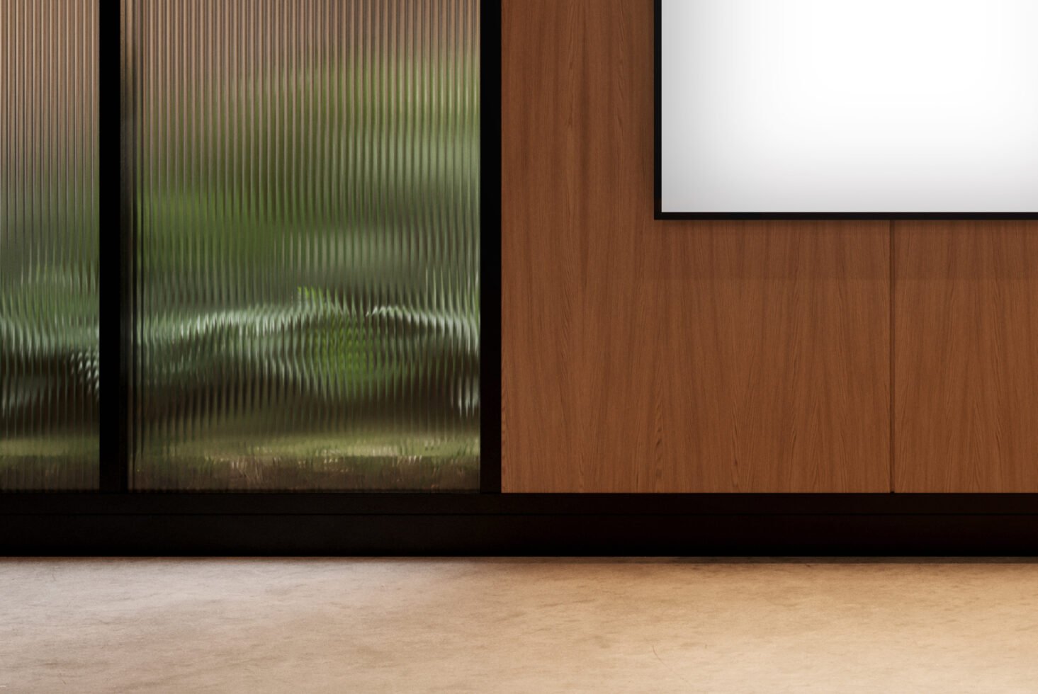 Modern interior with frosted glass panel and wooden wall design mockup. Ideal for showcasing architectural templates and minimalist design inspiration.