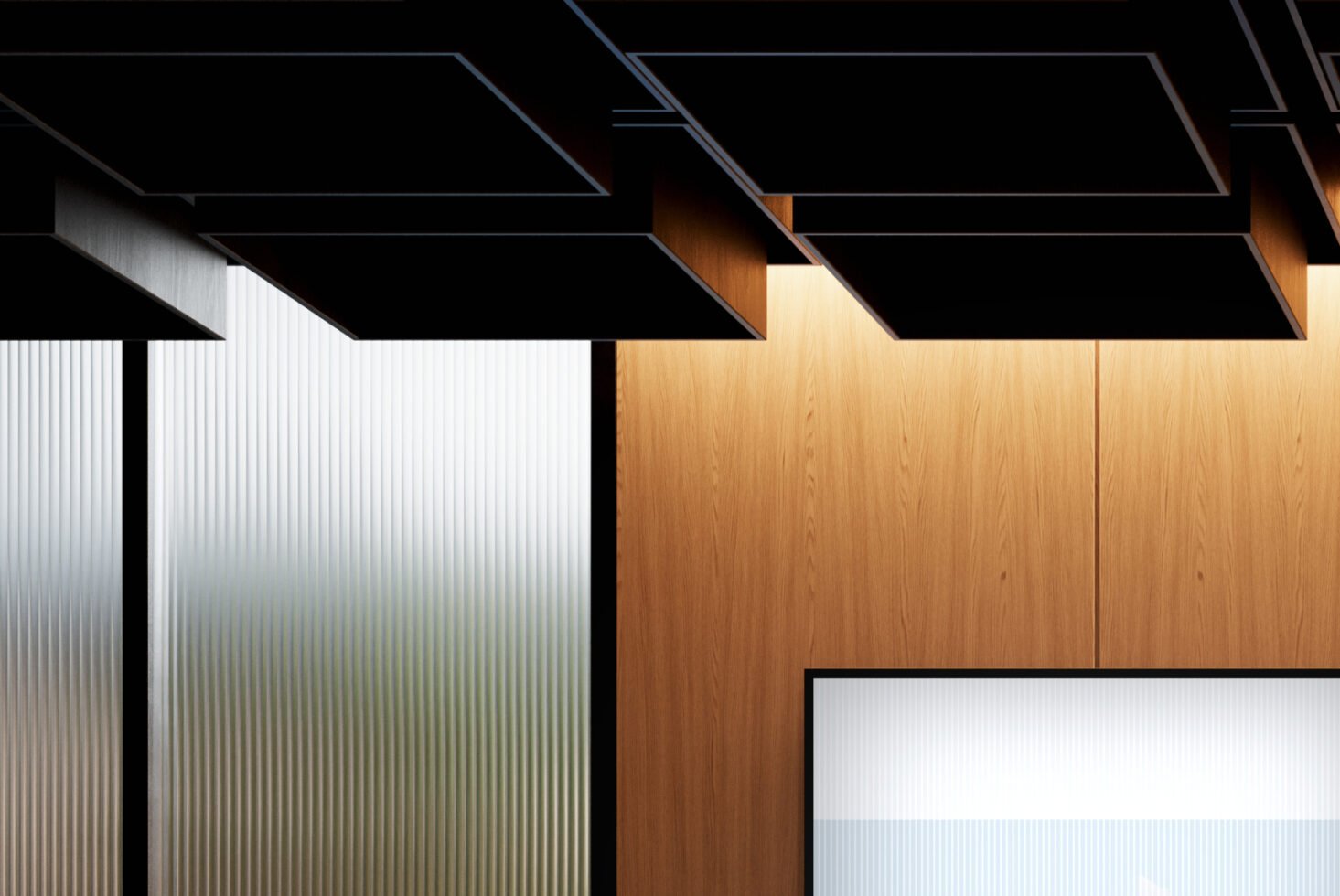 Modern abstract interior design mockup with light wood walls and textured glass panels, featuring geometric ceiling elements. Perfect for architecture templates