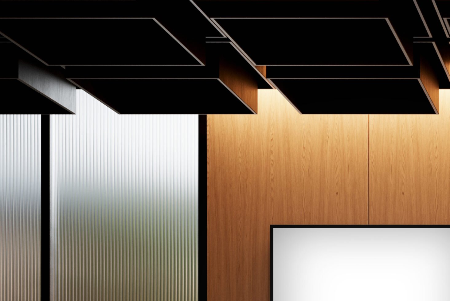 Modern interior features abstract black ceiling panels, wooden walls and glass partitions. Perfect for design mockups and architectural templates.