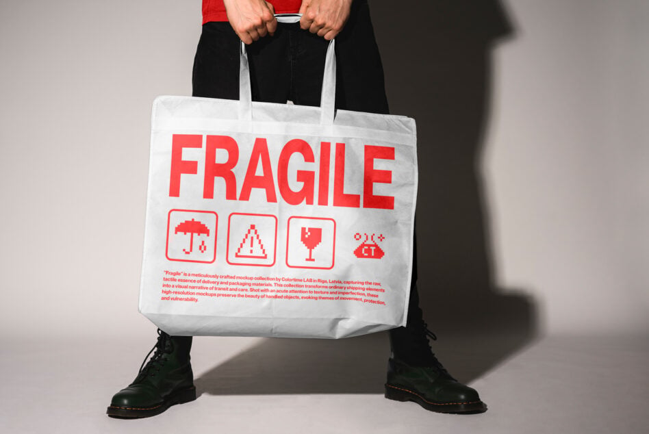 White tote bag with red FRAGILE text, pixel warning icons, held by person in black