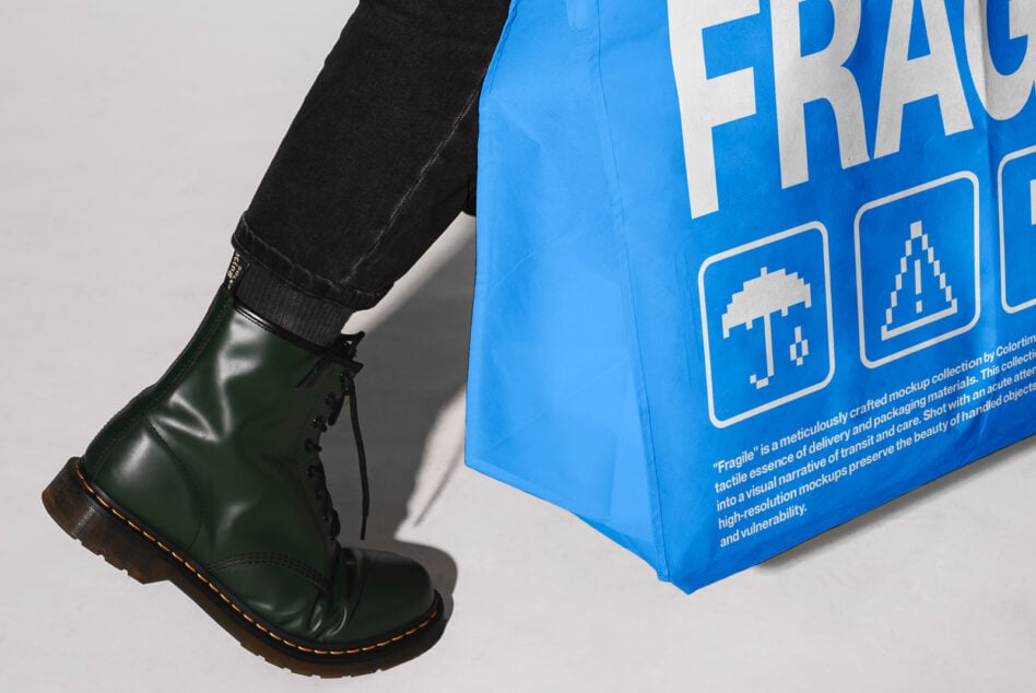 Green boot steps next to blue tote bag with bold typography Fragile. Graphic icons and texture visible. Ideal for mockup, product display, design projects.