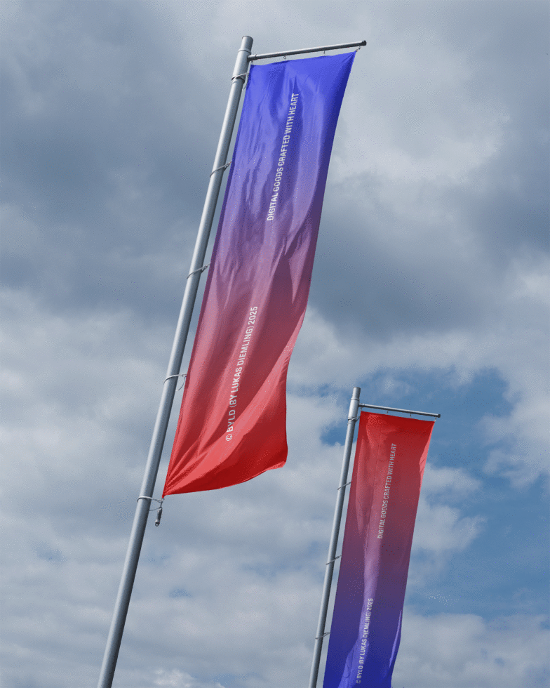 Outdoor banner mockup with gradient purple and red design on pole against cloudy sky. Ideal for designers needing realistic flag presentation templates.
