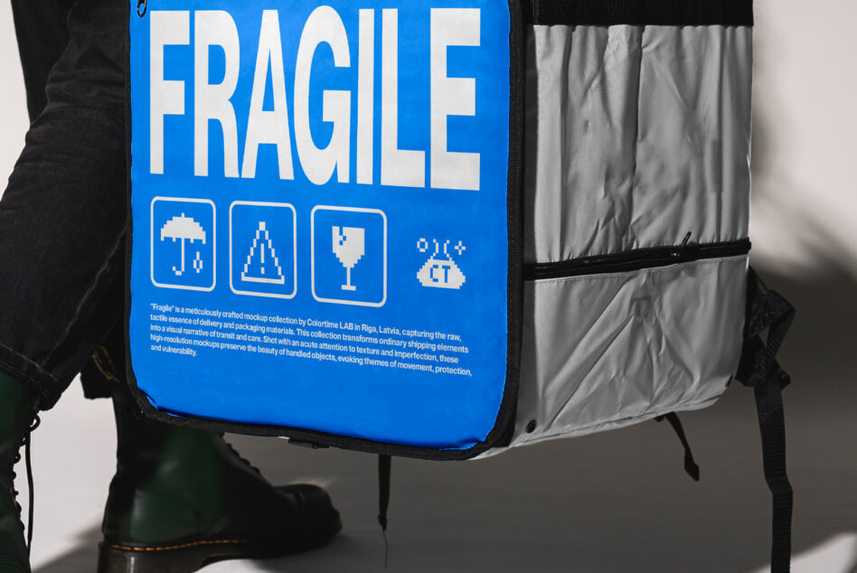 Shipping bag backpack with FRAGILE label in blue with icons on silver padded material