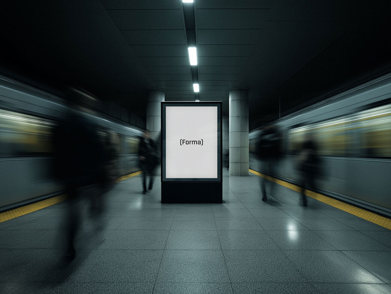 Subway station mockup featuring a rectangular digital display with blurred motion of trains and passengers. Perfect for showcasing modern designs.