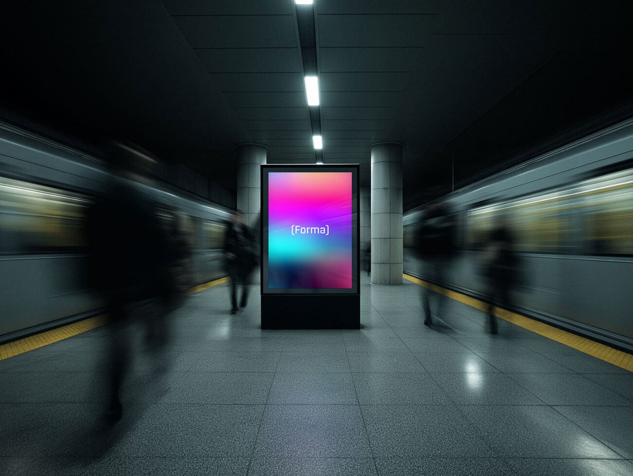 Subway station mockup with a colorful digital billboard in focus. Blurred commuters and trains in motion create dynamic urban design context.