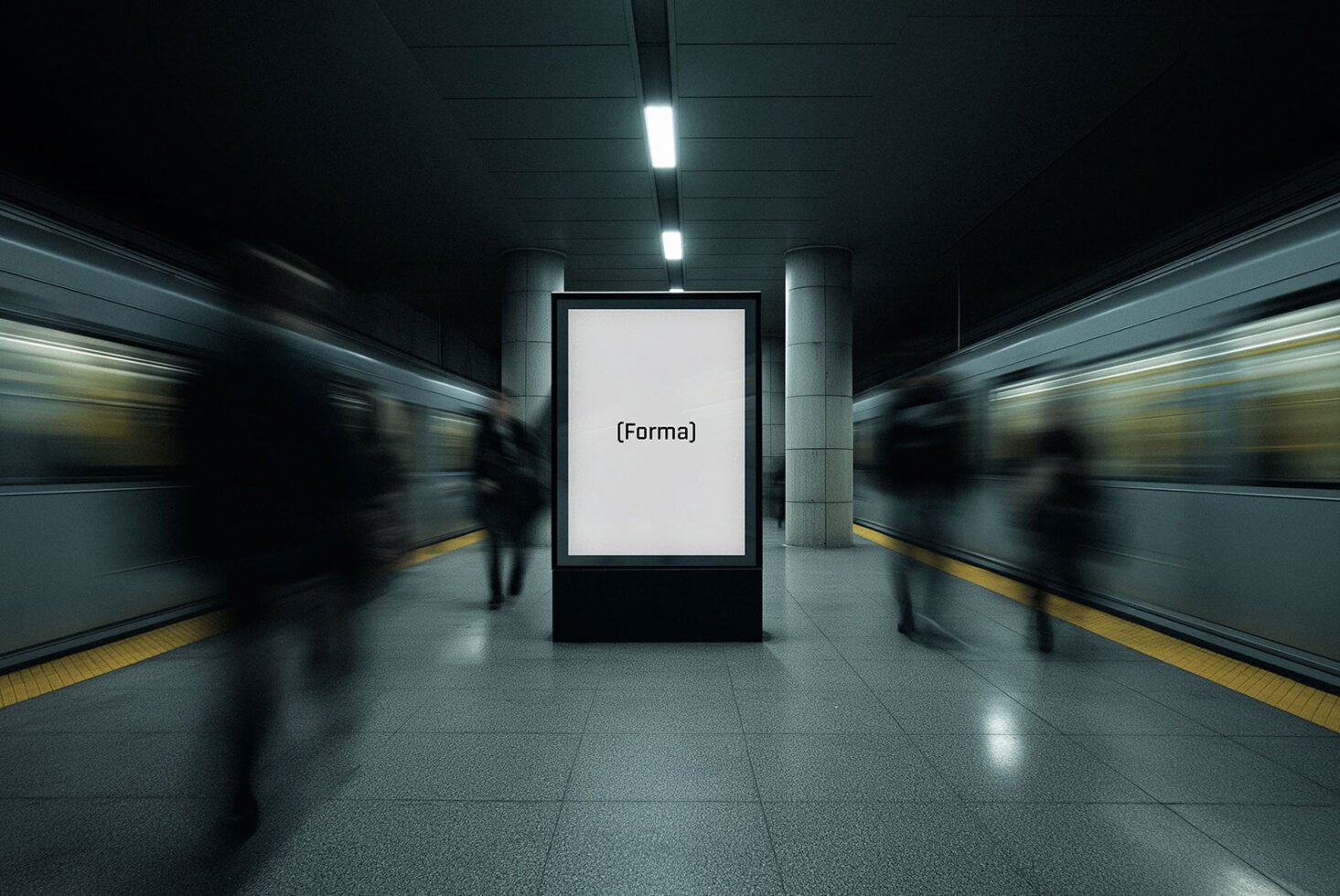 Mockup of a blank poster in a modern subway station with blurred passengers and trains. Ideal for urban design projects and advertising templates.